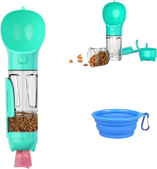 4-in-1 Pet Travel Water Bottle with Food Compartment, Shovel, and Waste Bags for Hiking (Turquoise)